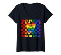 Mujer Tus oraciones me hacen más gay, divertida bandera del orgullo gay LGBTQ Camiseta Cuello V