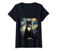Mujer Tuxedo Cat Starry Night Van Gogh Inspired Painting Black Cat Camiseta Cuello V