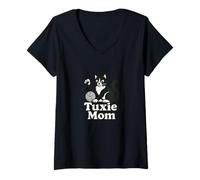 Mujer Tuxie Mom Club Gato blanco y negro con hilo Camiseta Cuello V