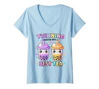 Mujer Twinning with My Best Tea Lindo Kawaii Boba Bebida para Amigos Camiseta Cuello V