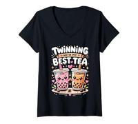 Mujer Twinning with My Best Tea Lindo Kawaii Boba Bebida para Amigos Camiseta Cuello V