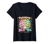 Mujer Twinning with My Best Tea Lindo Kawaii Boba Bebida para Amigos Camiseta Cuello V