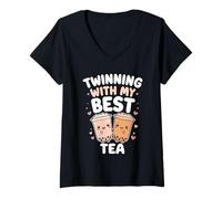 Mujer Twinning with My Best Tea Lindo Kawaii Boba Bebida para Amigos Camiseta Cuello V