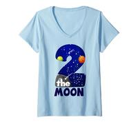 Mujer Two The Moon Big 2 Stars Planets - Espacio para el Segundo cumpleaños Camiseta Cuello V