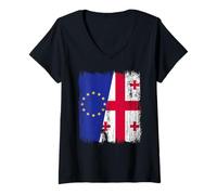 Mujer UE Georgia Media Bandera Unión Europea Raíces georgianas Camiseta Cuello V