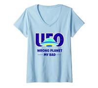 Mujer UFO Aficionado Retro Platillo Volador Planeta Equivocado My Bad Camiseta Cuello V