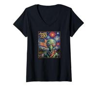 Mujer UFO Alien Art on America 250 Anniversary 4th of July USA Flag Camiseta Cuello V