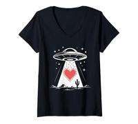 Mujer UFO Corazón Nave Espacial Día de San Valentín Espacio Amor Retro Ciencia Ficción Camiseta Cuello V