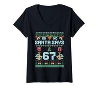 Mujer Ugly Sweater Like Design. Gen Z Alpha Meme Santa Says 67 Camiseta Cuello V