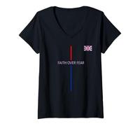 Mujer UK Faith Over Fear Brit Christian Reino Unido Bandera Colores Camiseta Cuello V