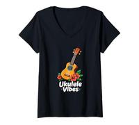 Mujer Ukelele Vibes Hibisco Cartoon Uke Art Camiseta Cuello V