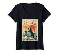 Mujer Ukiyo-e Black Cat Japanese Kanagawa WavesArt Funny Camiseta Cuello V