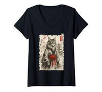 Mujer Ukiyo-e - Gato japonés Maine Coon con kimono Sumi-e Cat Art Camiseta Cuello V