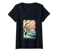 Mujer Ukiyo E Invierno Zen Snowfall at The Zen Pavilion Paisaje Camiseta Cuello V
