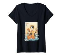 Mujer Ukiyo-e Kimono Fan Cherry Blossom Ondas Arte Japonés Camiseta Cuello V