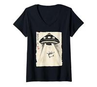 Mujer Ukiyo-e Style UFO secuestrando Linda Rana Pintura artística de Tinta Camiseta Cuello V