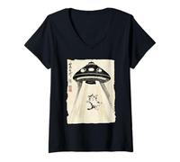 Mujer Ukiyo-e Style UFO secuestrando Lindo Gato Pintura Arte Tinta Camiseta Cuello V