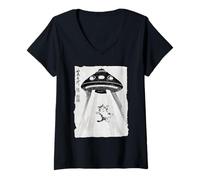 Mujer Ukiyo-e Style UFO secuestrando Lindo Gato Pintura Arte Tinta Camiseta Cuello V