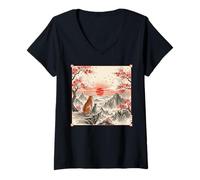 Mujer Ukiyo-e Tradicional Lindo Paisaje Japonés Gato TIG Camiseta Cuello V