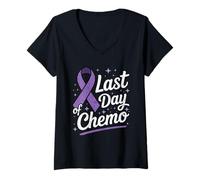 Mujer Último día de quimioterapia Cinta púrpura Guerrero sobreviviente de cáncer Camiseta Cuello V