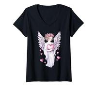 Mujer Un ángel contemplativo tiene un corazón en sus manos 1 - Fan Fun Camiseta Cuello V