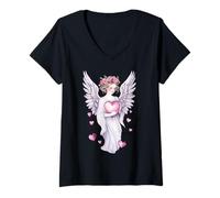Mujer Un ángel contemplativo tiene un corazón en sus manos 2 - Fan Fun Camiseta Cuello V