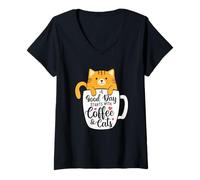 Mujer Un Buen día Comienza con café y Gatos - Amante del café de la mañana Camiseta Cuello V