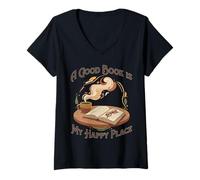 Mujer Un Buen Libro es mi Lugar Feliz - Amantes de la Lectura Camiseta Cuello V