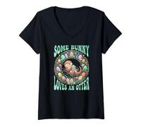 Mujer Un Conejito ama una Nutria Estética Maravillosa Floral de Camiseta Cuello V
