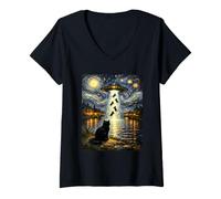 Mujer Un Divertido Encuentro Inspirado en Van Gogh sobre el secuestro de un Gato alienígena Camiseta Cuello V