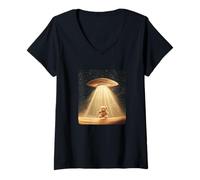 Mujer Un divertido ovni transporta a un osito de peluche para una aventura espacial Camiseta Cuello V