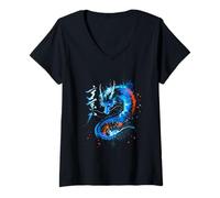 Mujer Un dragón japonés con kanji y arte manga renacido de Camiseta Cuello V