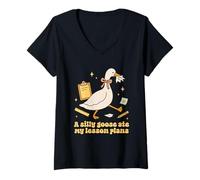 Mujer Un Ganso Tonto se comió mi Plan de lecciones Diseño de Profesor de Ganso Camiseta Cuello V