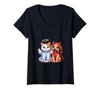 Mujer Un Gato Vestido de ángel y un Perro Vestido como un Diablo Camiseta Cuello V