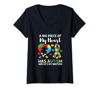 Mujer Un Gran Pedazo de mi corazón Tiene Autismo y él es mi Hermano Camiseta Cuello V