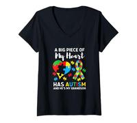 Mujer Un Gran Pedazo de mi corazón Tiene Autismo y él es mi Nieto Camiseta Cuello V
