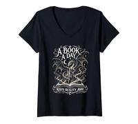 Mujer Un Libro al día Mantiene alejada la Realidad Arte Divertido del dragón Medieval Camiseta Cuello V