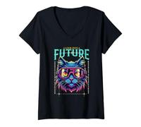 Mujer Un Look into The Future Gato futurista diseño Scifi Cat Camiseta Cuello V