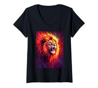 Mujer Un majestuoso león ruge Dentro de remolinos Llamas de neón de Oro Camiseta Cuello V