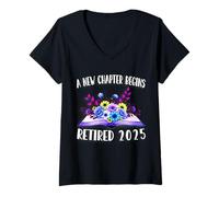 Mujer Un Nuevo capítulo Comienza la jubilación jubilada de Libros Florales de 2025 Camiseta Cuello V