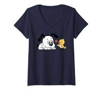 Mujer Un pájaro lindo da un cachorro una flor - Cartoon Art 1 Camiseta Cuello V