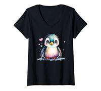 Mujer Un pequeño pájaro pingüino bebé Lindo con Corazones pingüinos Camiseta Cuello V