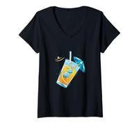 Mujer Un Vaso de Jugo de Naranja Fresco con Paraguas y Helado Camiseta Cuello V