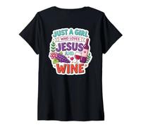 Mujer Una Chica Que ama a Jesús y Amante del Vino Mujer Cristiana Cristo Camiseta Cuello V