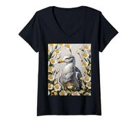 Mujer Una gaviota de California y flores de lirio de Sego Camiseta Cuello V