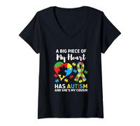 Mujer Una Gran Parte de mi corazón Tiene Autismo y él es mi Primo Camiseta Cuello V