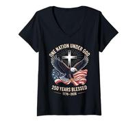 Mujer Una nación bajo Dios bendecida 250 años de la Bandera del águila Estadounidense Camiseta Cuello V