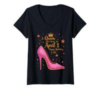 Mujer Una Reina Nació el 1 de Abril Glamorosa Celebración de Cumpleaños Camiseta Cuello V