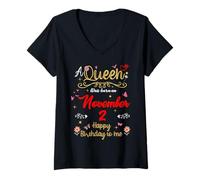 Mujer Una Reina nació el 2 de noviembre 2 cumpleaños de noviembre Camiseta Cuello V