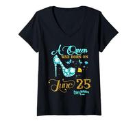 Mujer Una Reina nació el 25 de Junio Feliz cumpleaños para mí 25 de Junio Camiseta Cuello V